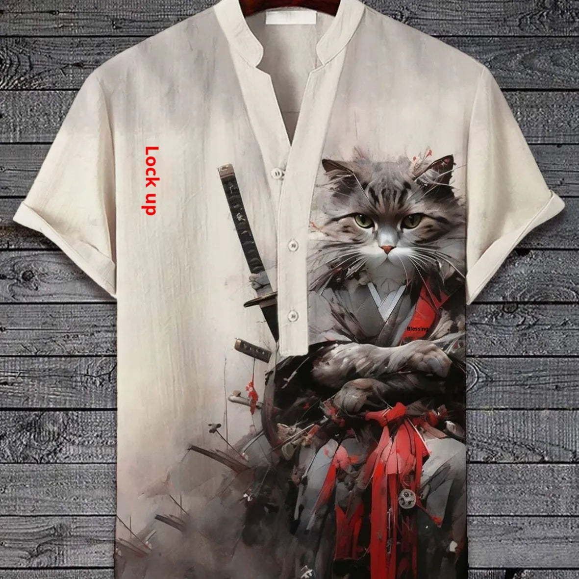 3D digital animal pattern short sleeve shirt on a hanger, showing the print detail.