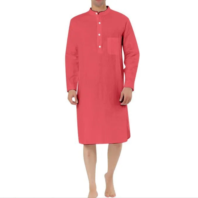 Men's cotton shirt robe in a shirt style with two front pockets, shown in one of nine available colours.