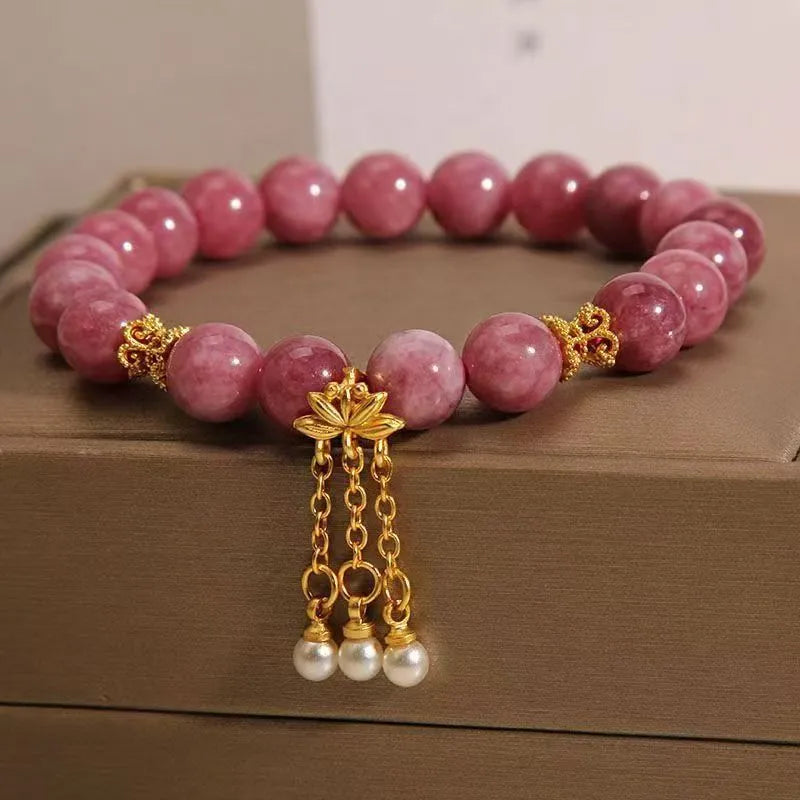 Pink lotus flower tassel bracelet with pearl pendant and natural stone beads