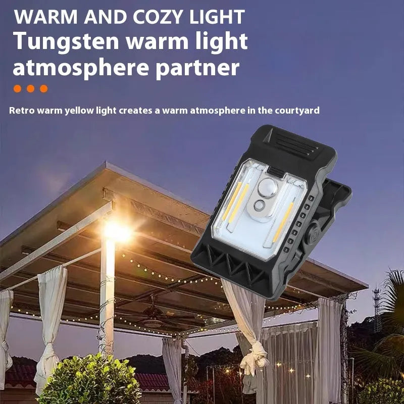 Compact motion-activated clip lamp with IP65 rating and battery power