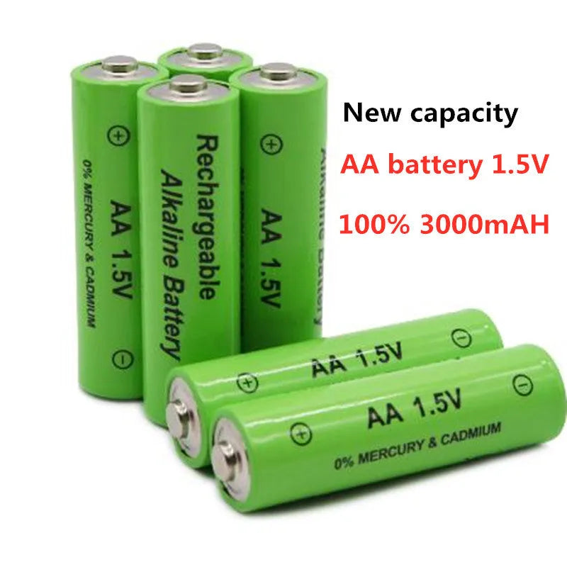 Pack of industrial-grade 1.5V 3000mAh alkaline rechargeable AA batteries.