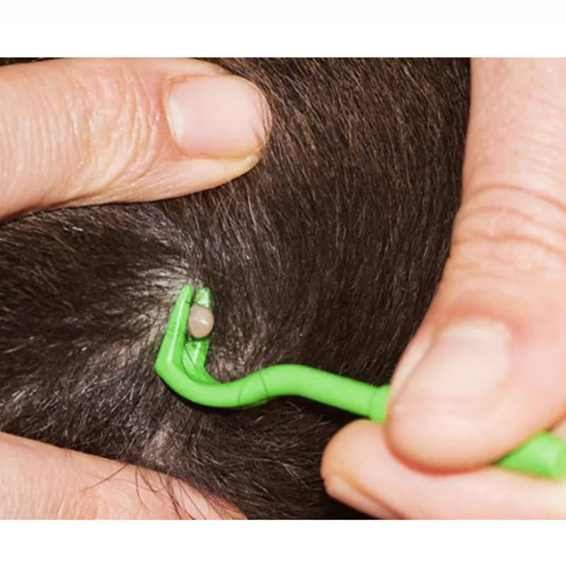 Set of three blue or green plastic pet tick and flea removal clips with hook design.