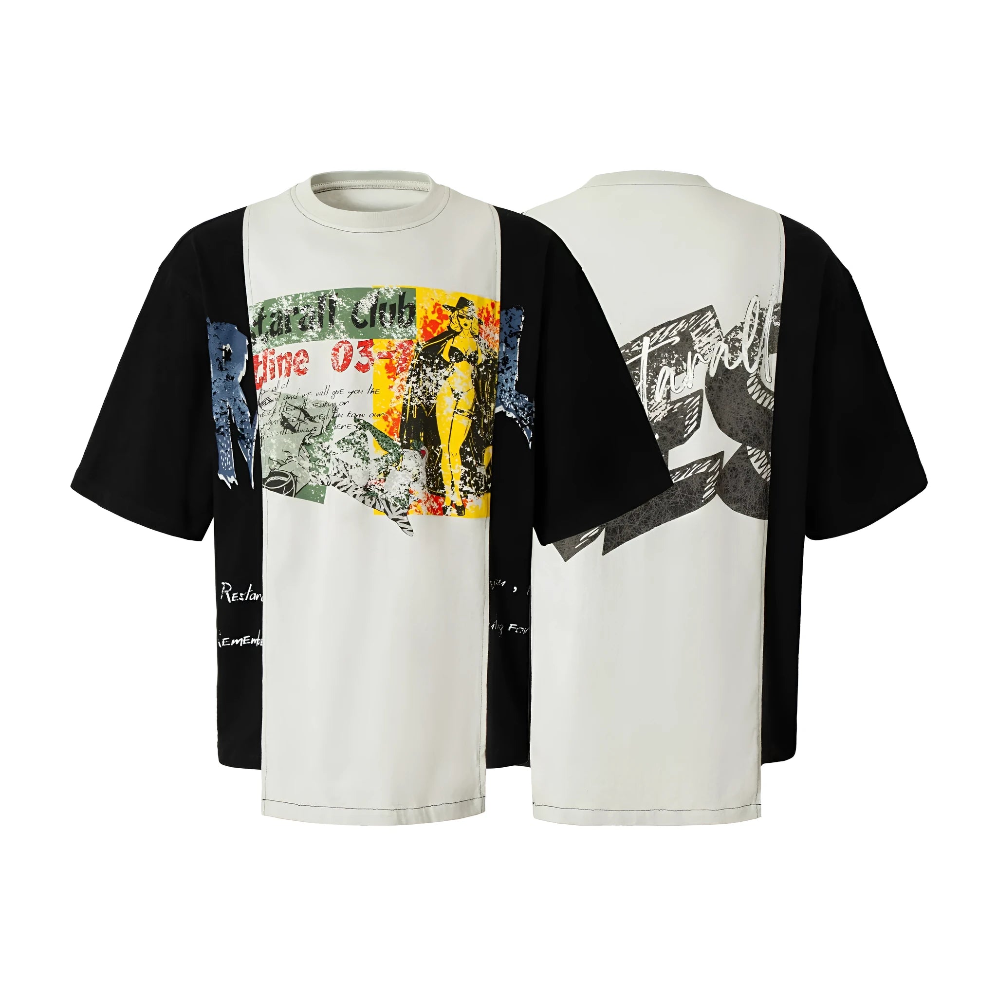 Mens loose black and white deconstruction print cotton t-shirt on a model, showing short sleeves and streetwear style.