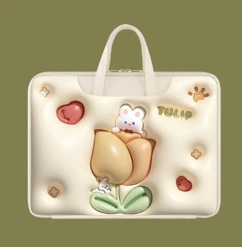 Inflatable PU leather laptop bag with suitcase hanger in cute panda print for a 15.6-inch device.