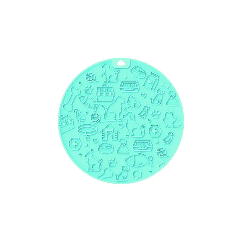 Round blue silicone pet lick mat with suction cup base on a white background.
