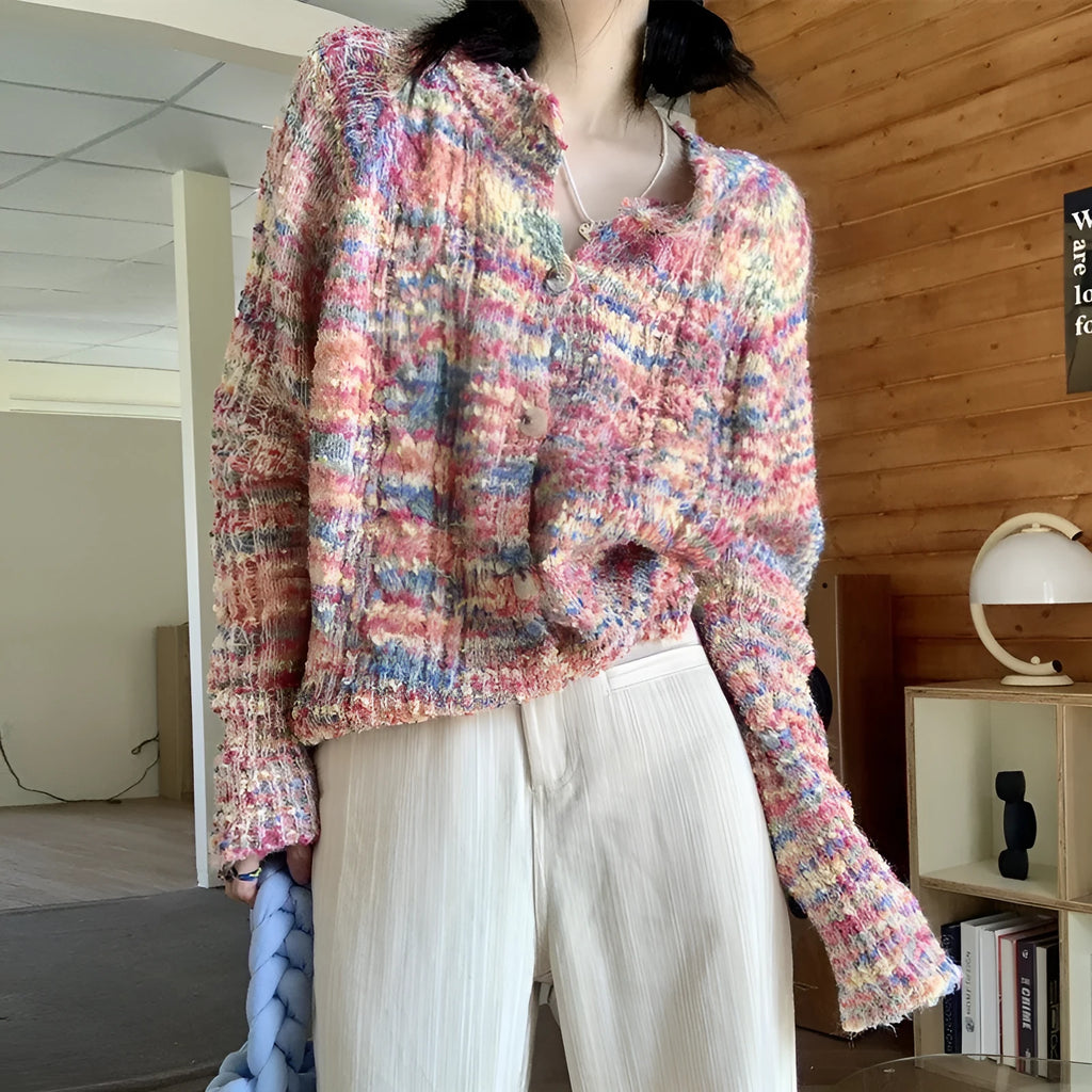 Retro style knitted rainbow cardigan in acrylic fibre with toothbrush hair texture, available in green or pink colours