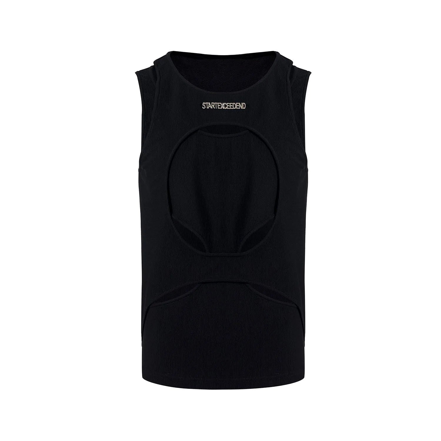 Men's black sleeveless pullover waistcoat with white hollow thread detailing and a round neck.