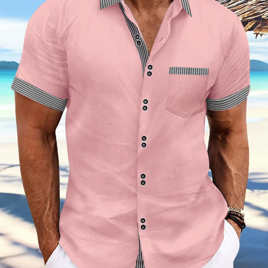 Man wearing a slim fit striped short sleeve cotton shirt with a double button front closure.