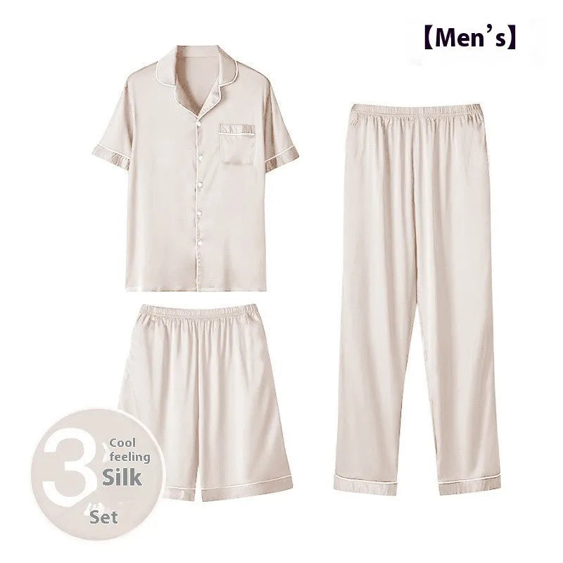 Men's ice silk three-piece homewear set showing long trousers, shorts, and top in thin lightweight fabric