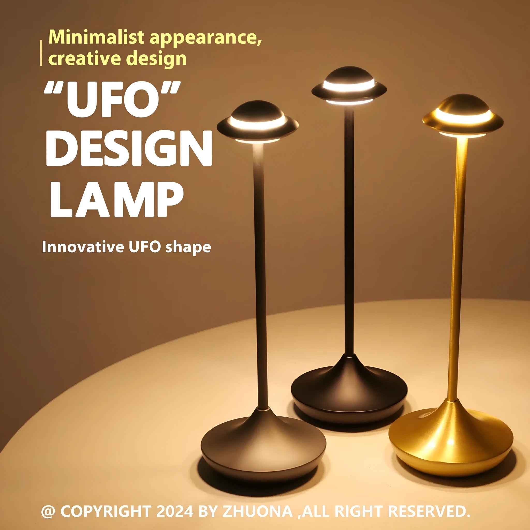 UFO-shaped metal table lamp with touch controls showing three colour dimming options