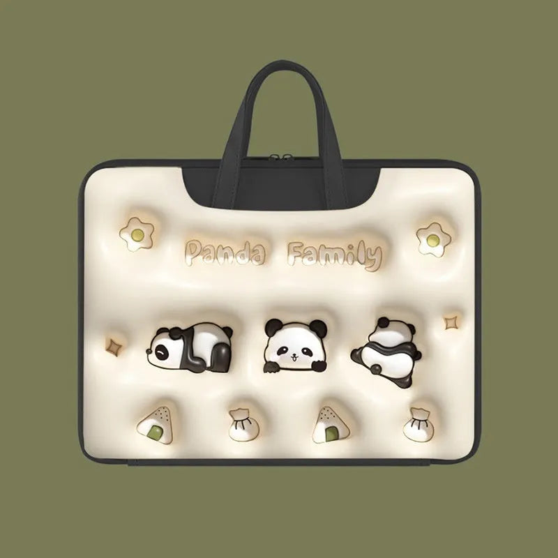 Inflatable PU leather laptop bag with suitcase hanger in cute panda print for a 15.6-inch device.