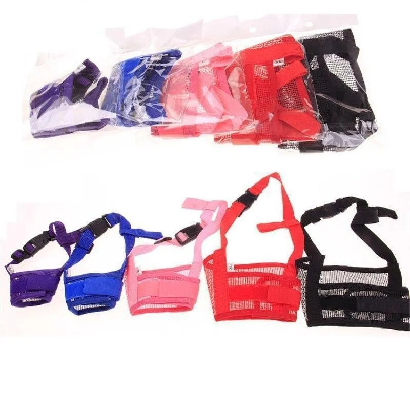 Adjustable plastic dog muzzle in multiple colours showing five size options for biting and barking control