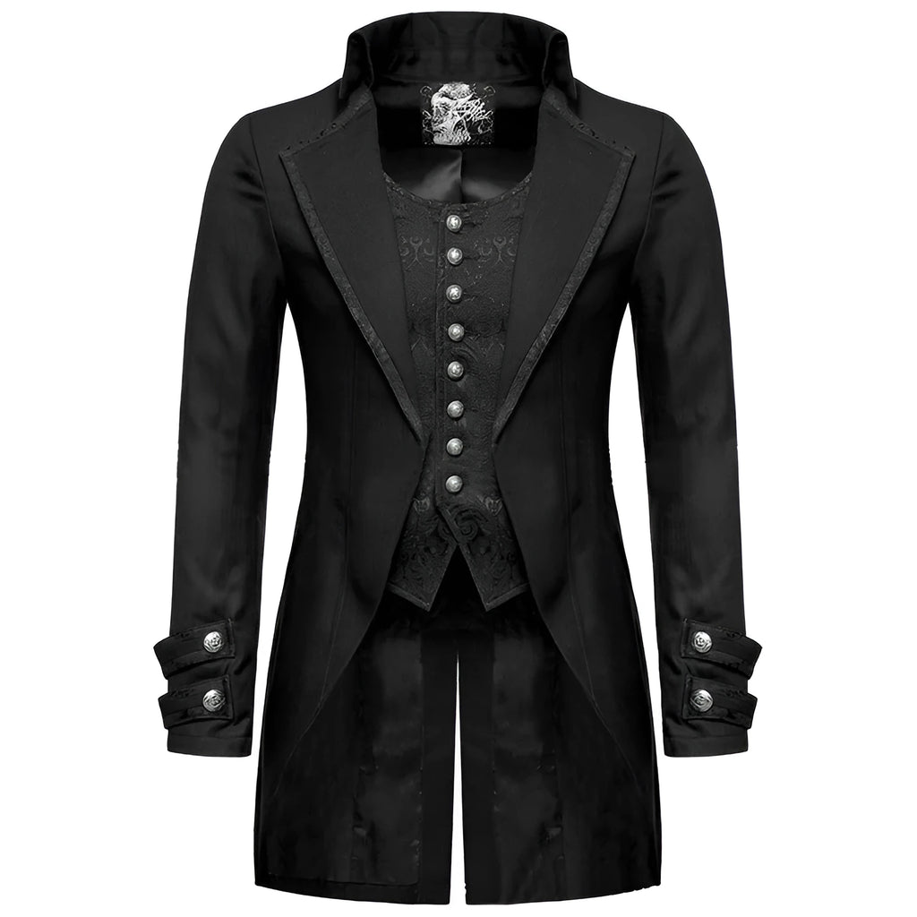 Black Victorian-style morning gown cosplay jacket for men on a hanger.