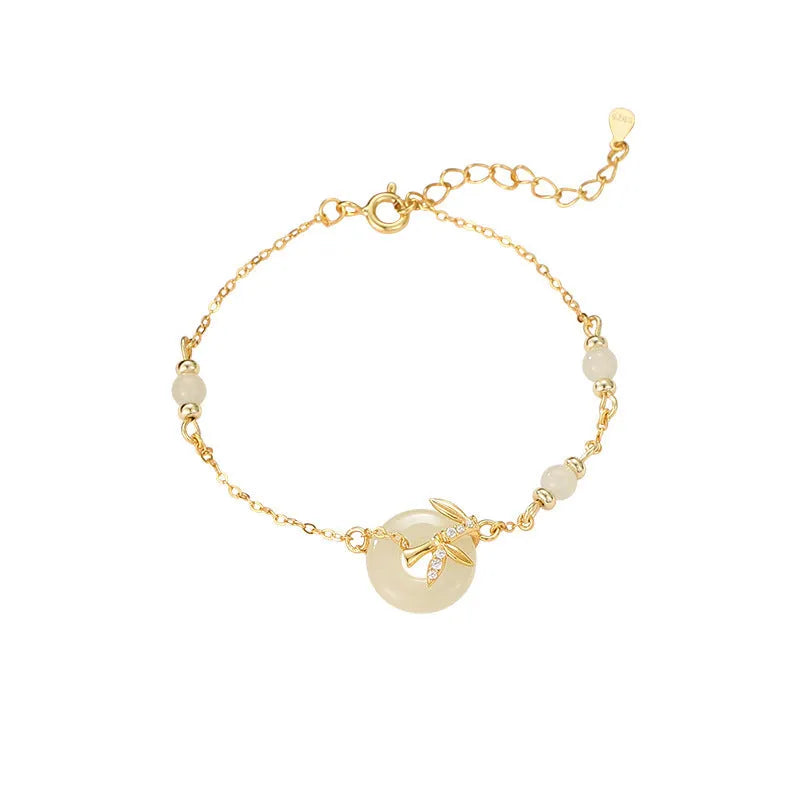Women's Hetian Jade safety buckle bracelet in antique style with peace buckle design on 925 silver