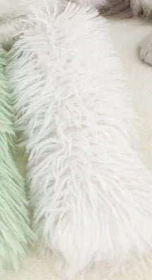 Soft plush cat toy pillow in blue, green, pink, or white, measuring 27cm long by 10cm wide