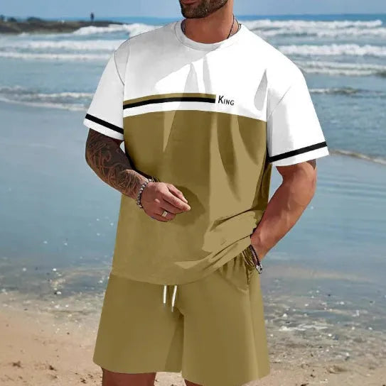 Men's loose-fit summer lounge suit set showing short-sleeved t-shirt and matching shorts in polyester fabric