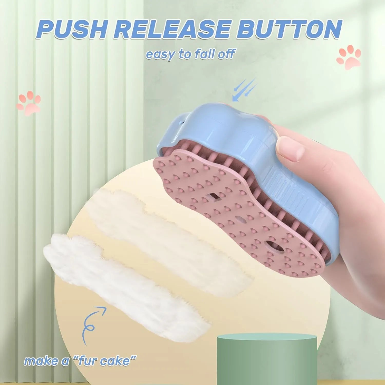 Blue self-cleaning cat steam brush with silicone massage bristles and a release button.