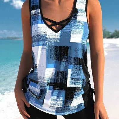 Women's printed split boxer swimsuit with polyester fabric and acrylic lining in black navy blue and light green colors