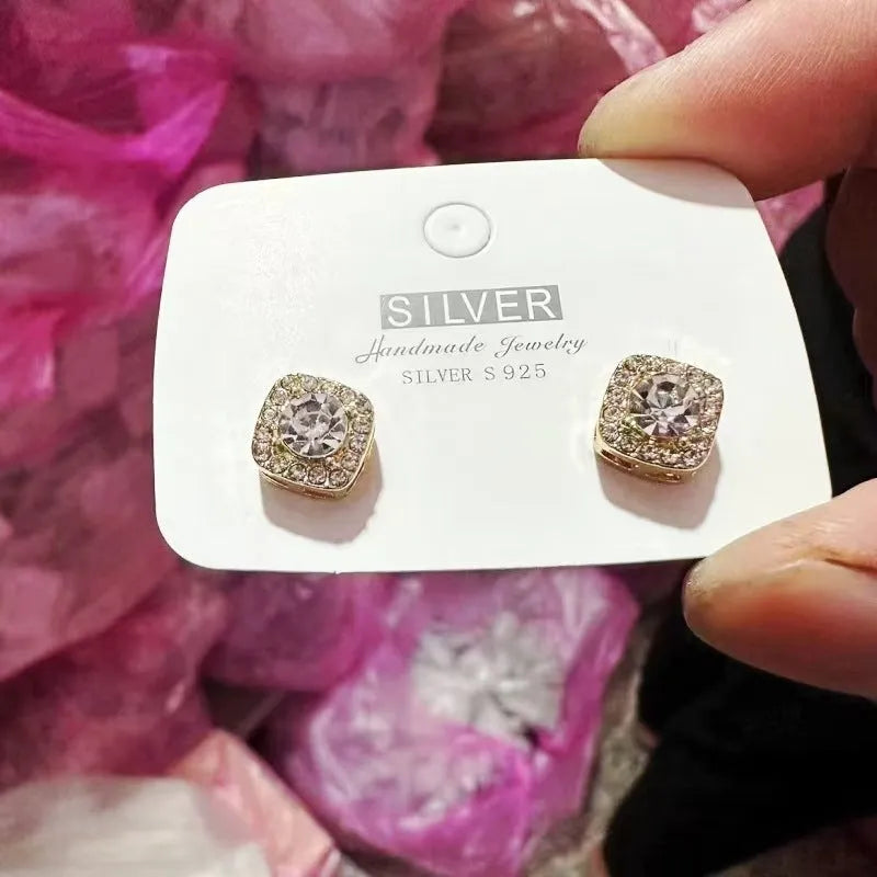 Women's square geometric diamond-effect earrings in silver and gold colour options