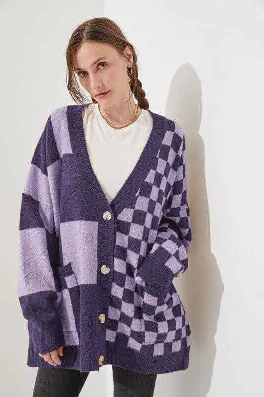Loose fit printed checks cardigan knitwear in multiple colour options showing front view