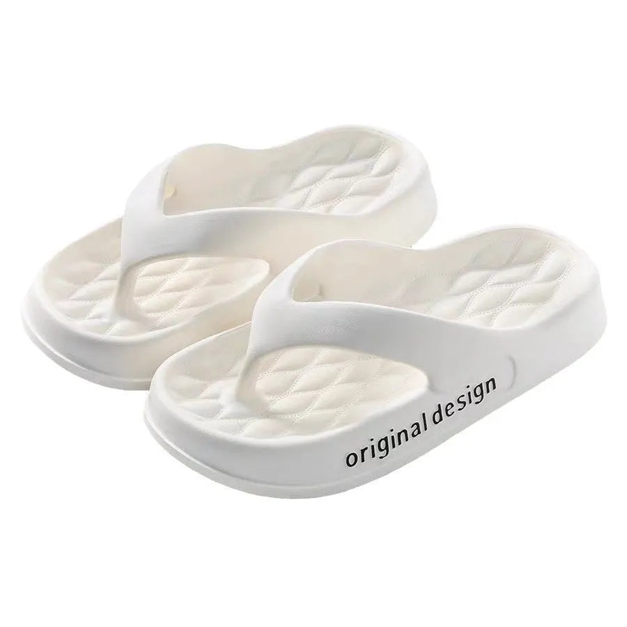 Men's EVA flip flops in various colours on a beach background, showing open-toe injection moulded design.