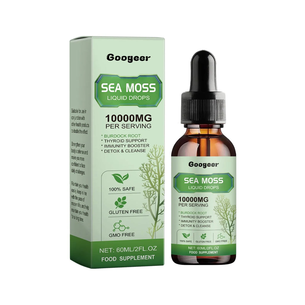 Googeer Sea Moss Liquid Drops 60ml body treatment serum bottle measuring 3.3 x 3.3 x 12cm.