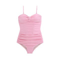 Black women's one-piece swim jumpsuit with suspender straps and a high-waist slimming design.