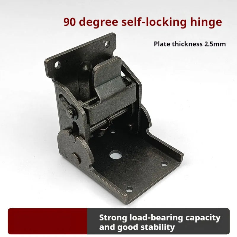 Close-up of a self-locking furniture folding hinge in an electroplated finish, set at a 90-degree angle.
