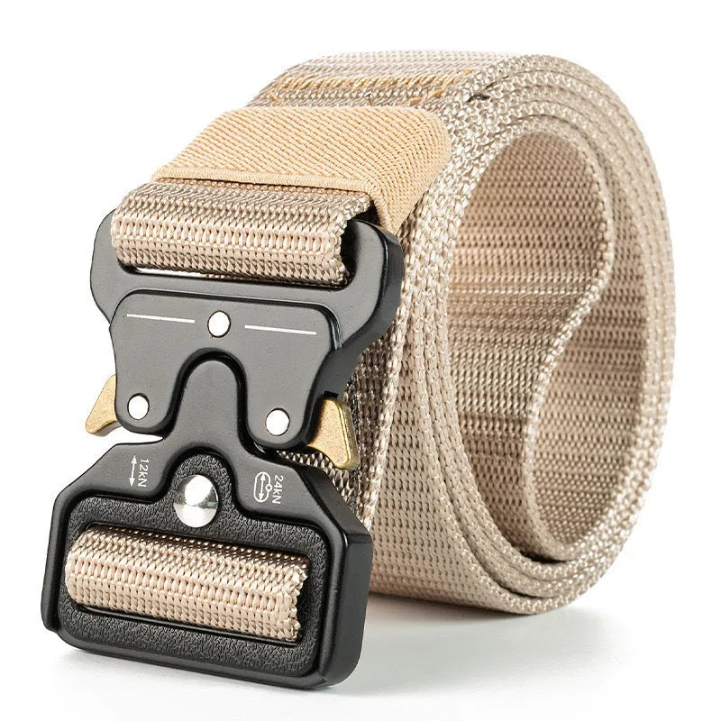 Men's thick canvas tactical belt with alloy release buckle, shown in multiple colour options including Army Green and black.