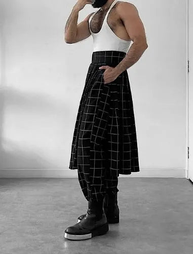 Men's plaid trousers with apron-style design in multiple sizes featuring adjustable waistband and front pockets