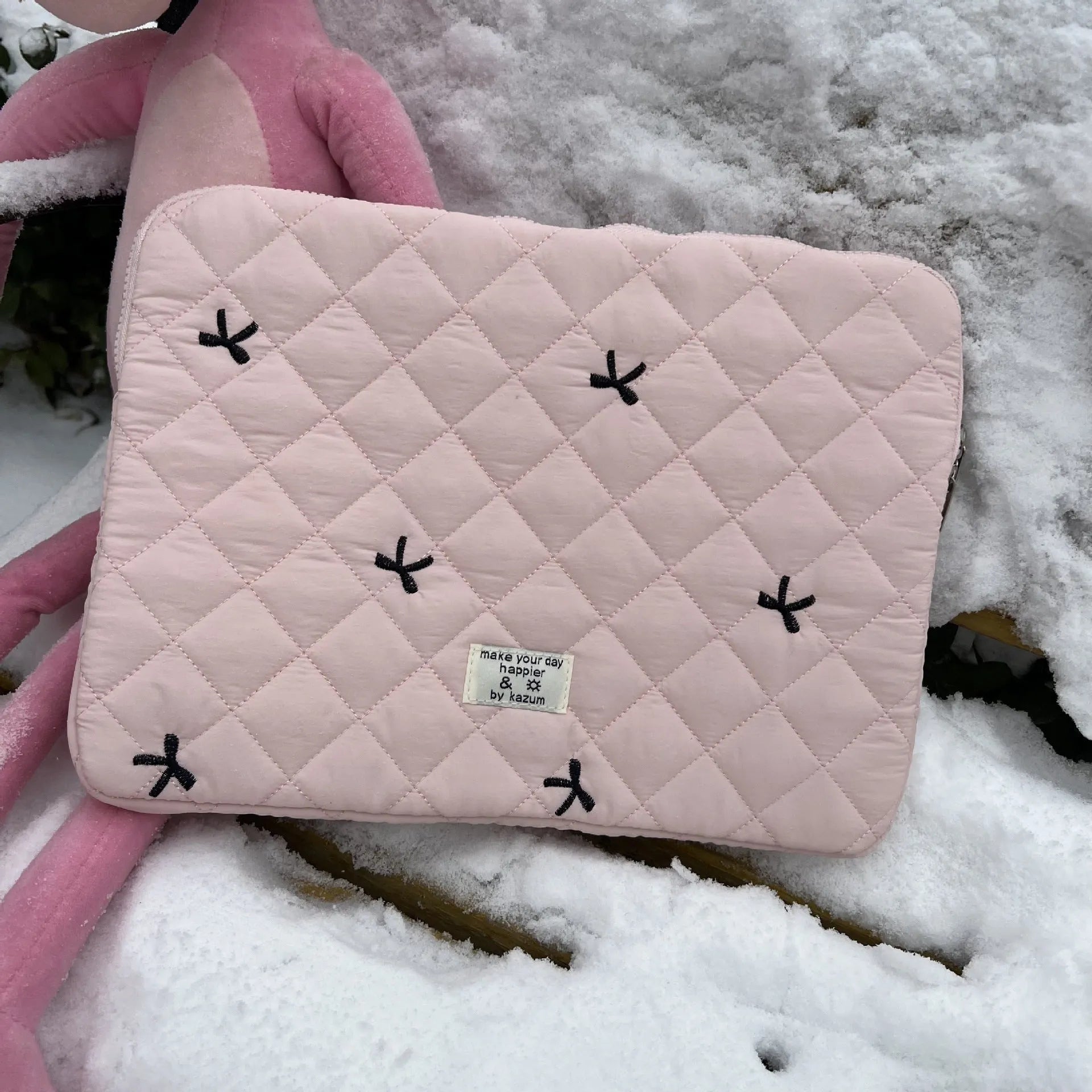 Cute rhombus embroidered bow nylon laptop storage bag in multiple colours and sizes