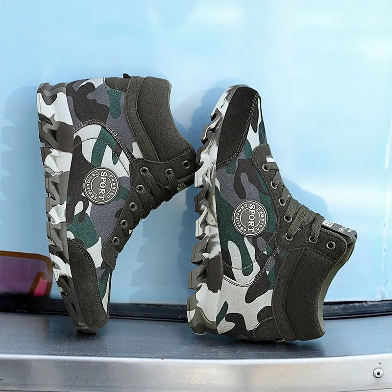 Green women's camouflage canvas sneakers with rubber soles shown in casual style