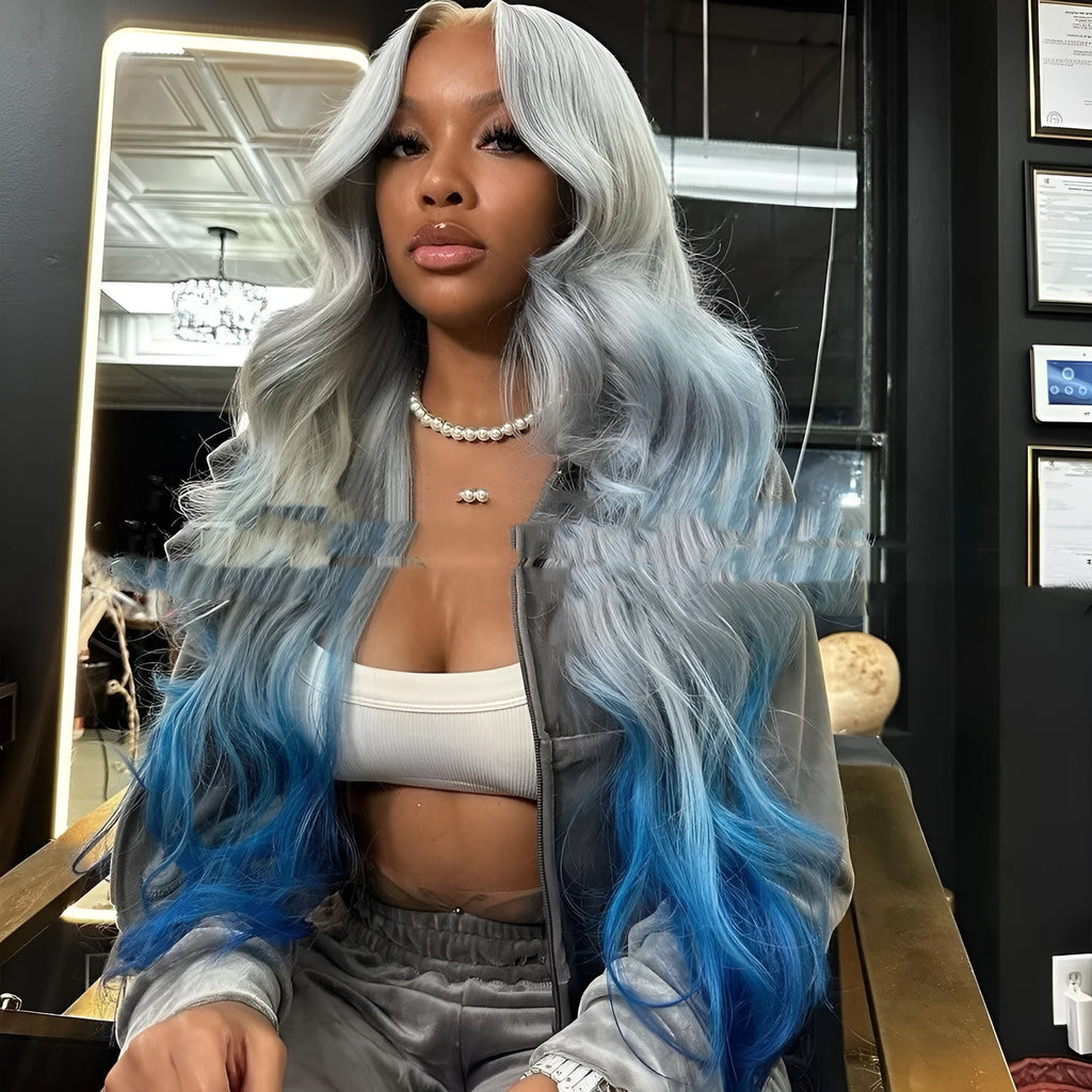 Grey blue gradient human hair lace front wig with long ombre waves