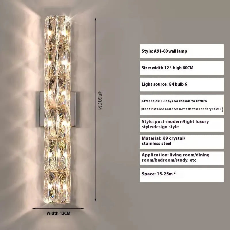 Crystal wall lamp with stainless steel frame in chrome or gold finish