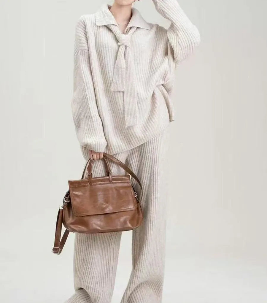 Acrylic fibre knit two-piece set with long sleeves in beige, dark coffee, dark grey or grey