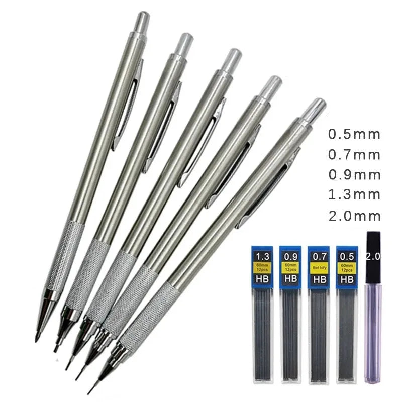 Metal mechanical pencil with automatic feed mechanism and choice of five lead sizes