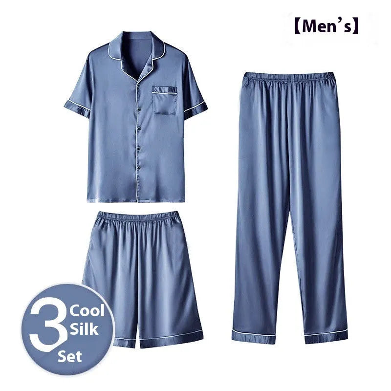 Men's ice silk three-piece homewear set showing long trousers, shorts, and top in thin lightweight fabric