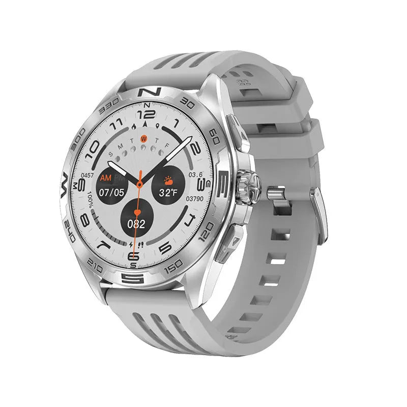Smart watch displaying health metrics on IPS screen, available in black, silver, black steel, or silver steel.