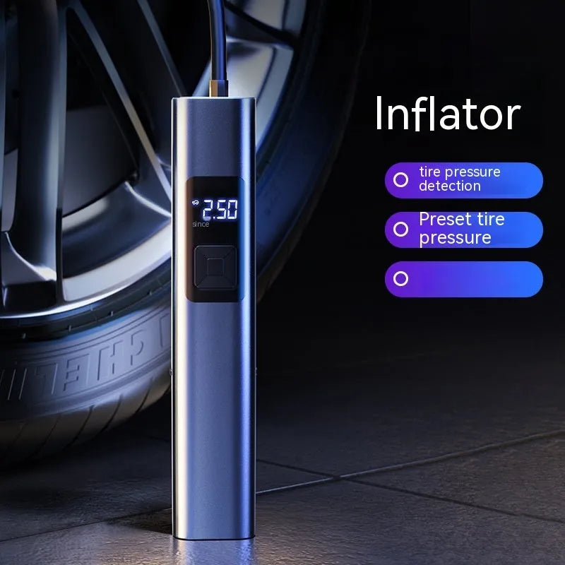 Wireless digital display car air pump and vacuum cleaner with accessories on a grey background.