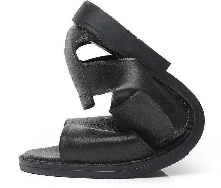 Men's black and brown Roman-style open-toe sandals with a leather upper and rubber sole.