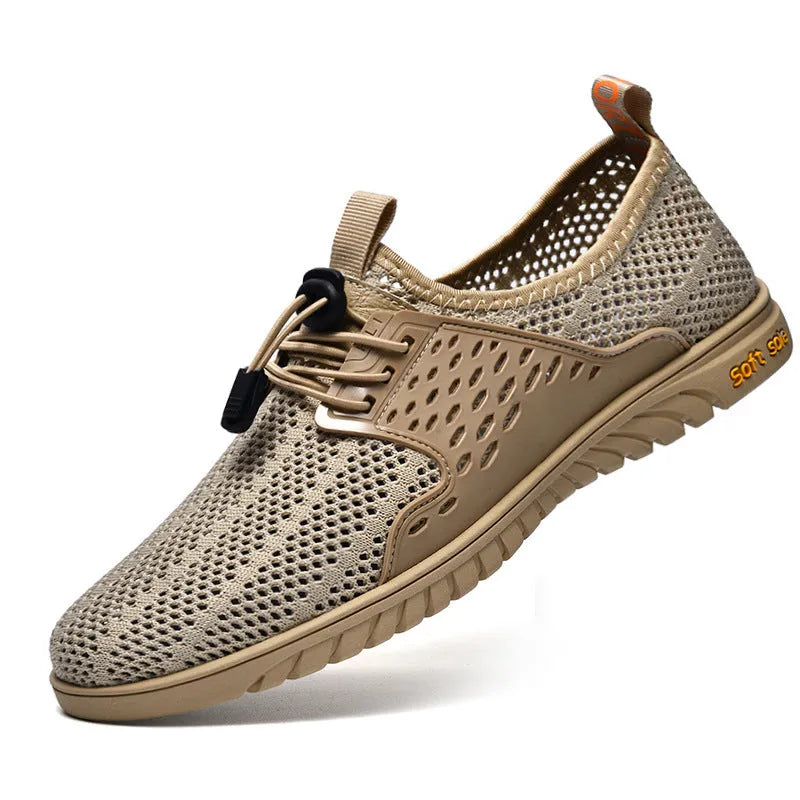 Men's black breathable mesh casual shoes with elastic band and rubber sole.