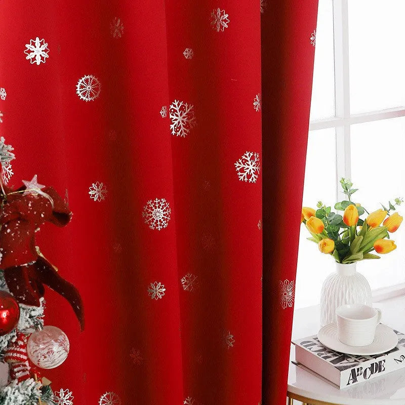 Snowflake pattern shade cloth curtain in polyester, showing red or green trim with lace loop or iron hoop detail.