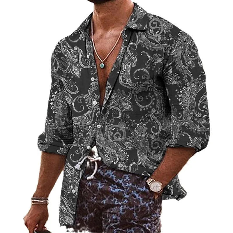 Men's Bohemian style shirt with 3D floral pattern printing, long sleeves and loose fit