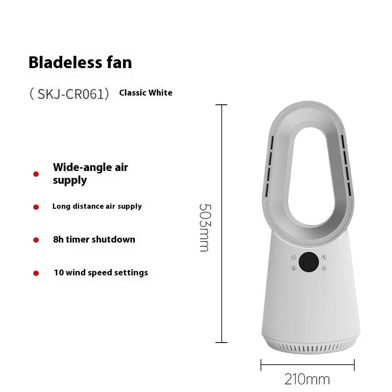 White SK bladeless tower fan with touch screen control panel for home or office desktop cooling