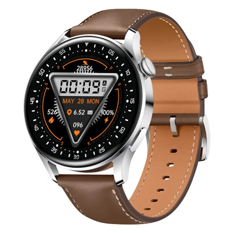 Sports smart watch with circular touchscreen display showing health metrics and payment interface