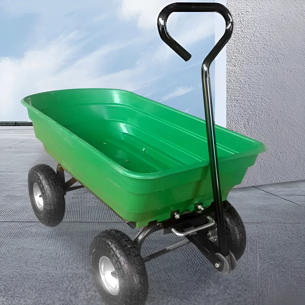Green four-wheel plastic dump truck with steel PP body for garden material transport