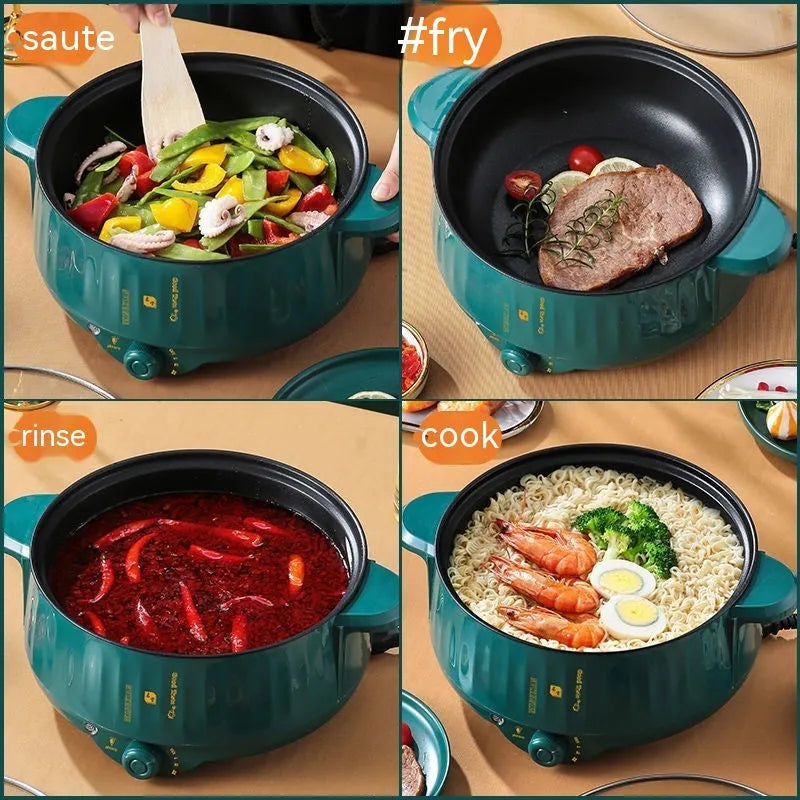 White and green non-stick electric hot pot appliance on a kitchen countertop with multiple size options.