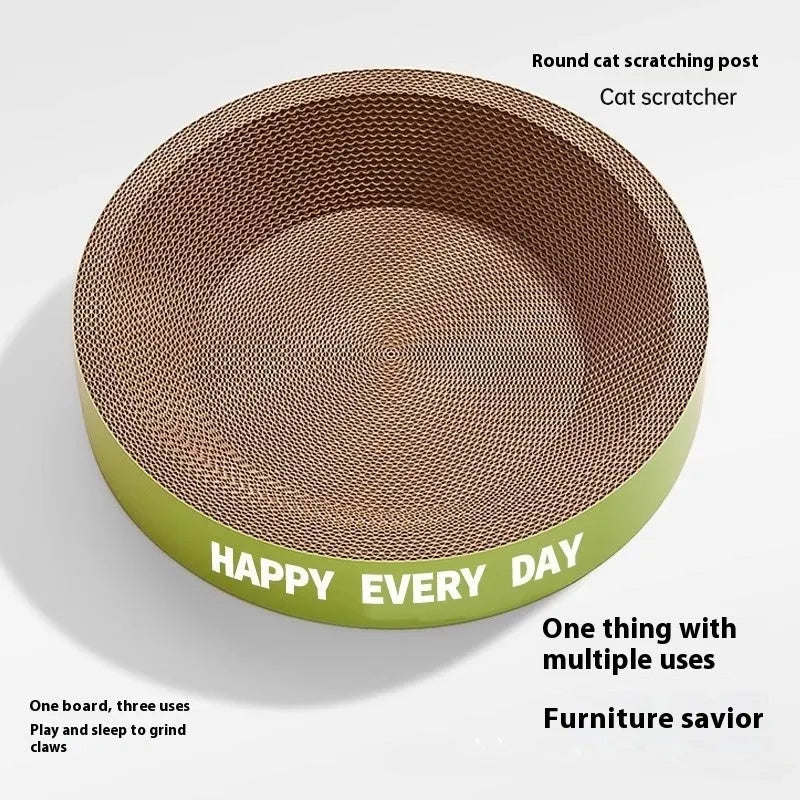 Green round cat scratching board nest with fleece sleeping area, 50cm diameter