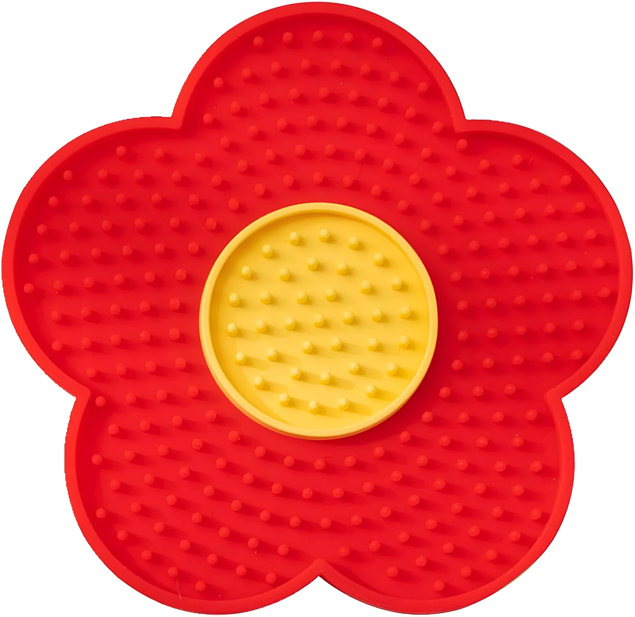 Flower-shaped silicone pet lick mat with suction cups in a choice of colours.