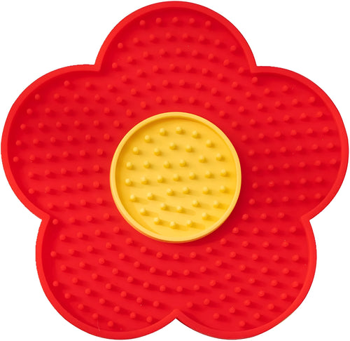 Flower-shaped silicone pet lick mat with suction cups in a choice of colours.